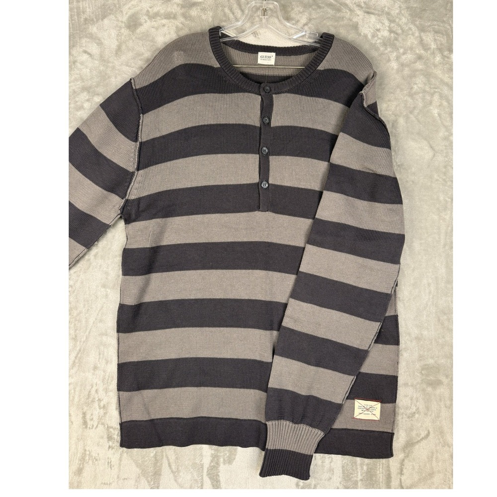 GUESS Jeans Issue Knit Goods Henley Sweater Men's XXL Iron Grey Stripe